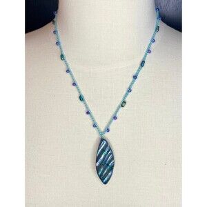 Crochet necklace with AB aurora borealis shell leaf pendant